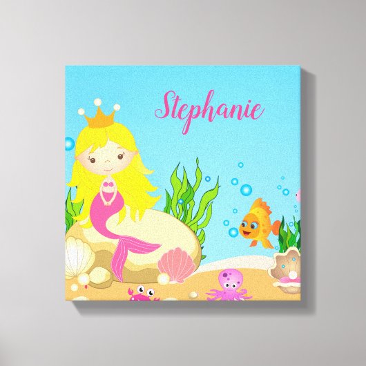 Onder de Zee Cute Blonde Mermaid Custom Name Canvas Afdruk (Voorkant)