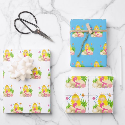 Onder de Zee Cute Blonde Mermaid Custom Name Inpakpapier Vel (Voorkant)