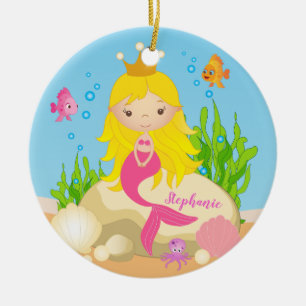 Onder de Zee Cute Blonde Mermaid Custom Name Keramisch Ornament