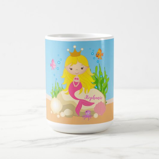 Onder de Zee Cute Blonde Mermaid Custom Name Koffiemok (Center)