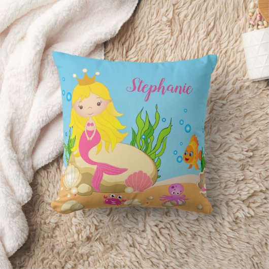 Onder de Zee Cute Blonde Mermaid Custom Name Kussen (Deken)