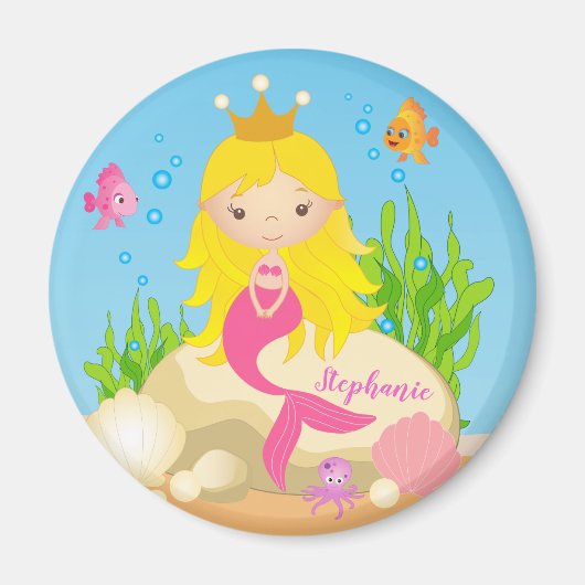 Onder de Zee Cute Blonde Mermaid Custom Name Magneet (Voorkant)