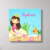 Onder de Zee Cute Brunette Mermaid Custom Name Canvas Afdruk (Voorkant)