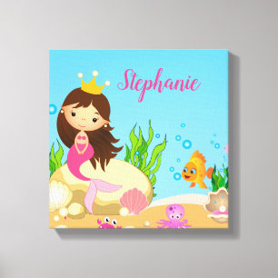 Onder de Zee Cute Brunette Mermaid Custom Name Canvas Afdruk