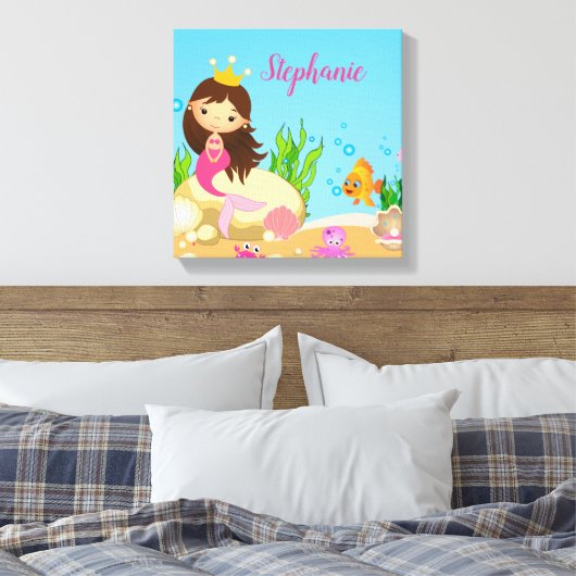 Onder de Zee Cute Brunette Mermaid Custom Name Canvas Afdruk (Insitu (Slaapkamer))