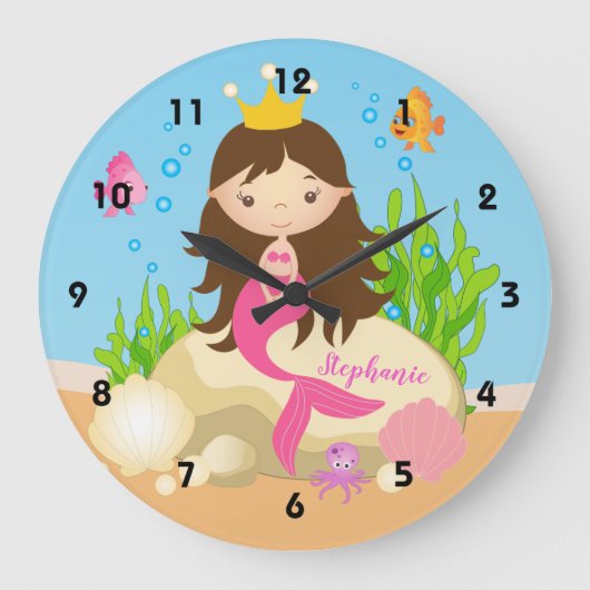 Onder de Zee Cute Brunette Mermaid Custom Name Grote Klok (Voorkant)