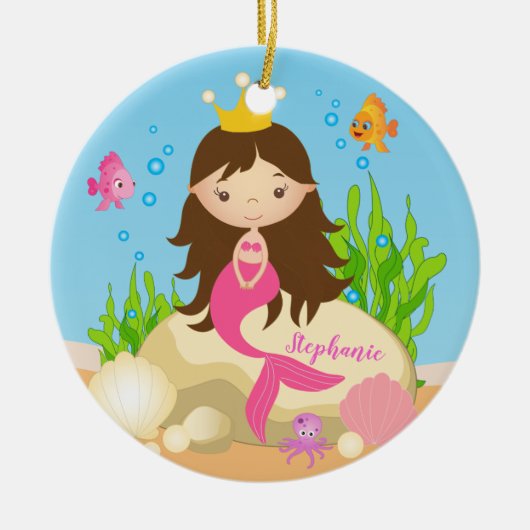 Onder de Zee Cute Brunette Mermaid Custom Name Keramisch Ornament (Voorkant)