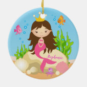Onder de Zee Cute Brunette Mermaid Custom Name Keramisch Ornament (Achterkant)