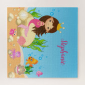Onder de Zee Cute Brunette Mermaid Custom Name Legpuzzel (Horizontaal)