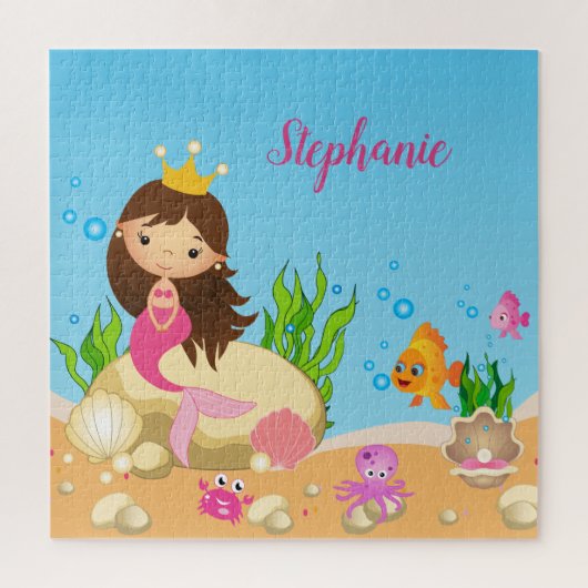 Onder de Zee Cute Brunette Mermaid Custom Name Legpuzzel (Verticaal)