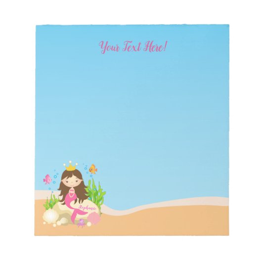Onder de Zee Cute Brunette Mermaid Custom Name Notitieblok (Voorkant)