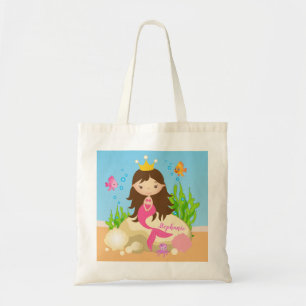 Onder de Zee Cute Brunette Mermaid Custom Name Tote Bag