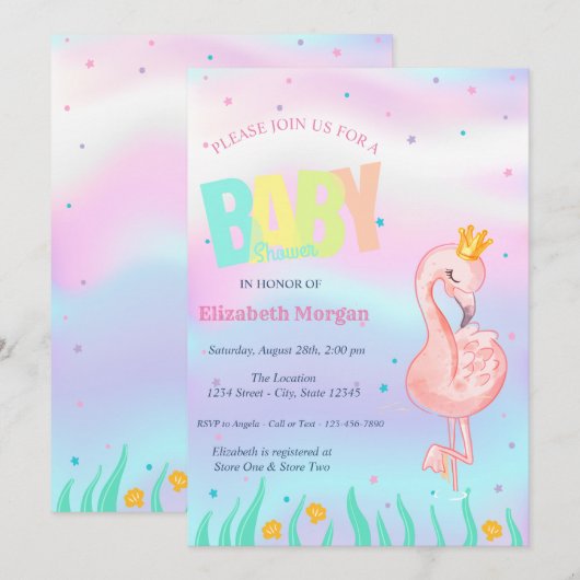 Onder De Zee, Flamingo Holografische Baby Shower Kaart (Voorkant / Achterkant)