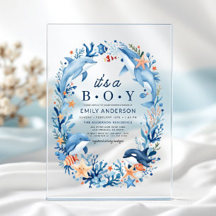 Onder de Zee Het is een Jongen Blauwe Baby Shower Acryl Uitnodigingen