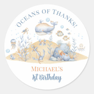 Onder de Zee Jongen 1e Verjaardag Bedankt  Ronde Sticker