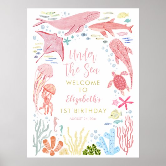 Onder de zee meisjes 1e verjaardag welkom poster (Voorkant)