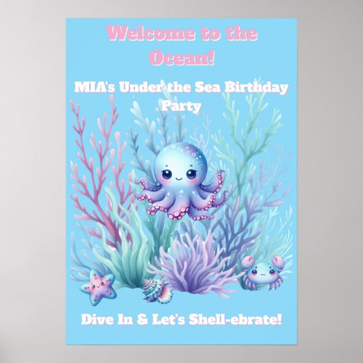 Onder de Zee - Meisjes Verjaardags Poster Bewerkba (Voorkant)