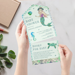 Onder de Zee Mintgroene Zeemeermin Babyshower All In One Uitnodiging