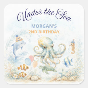 Onder de Zee Oceaan Dieren Octopus Verjaardag Vierkante Sticker