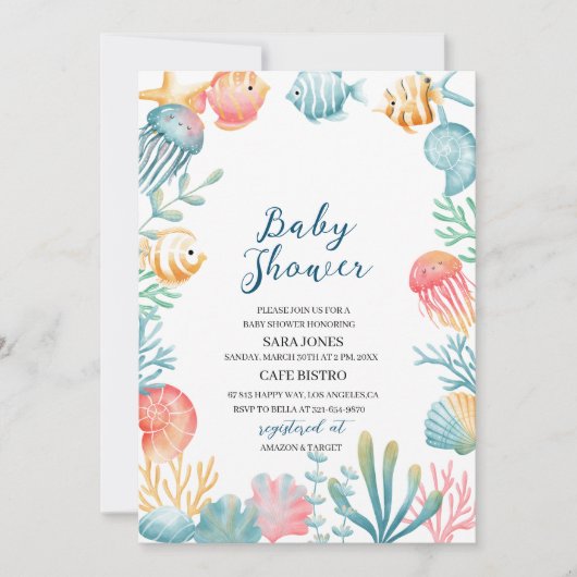 Onder de Zee Ocean Waterverf Baby shower Invi Kaart (Voorkant)
