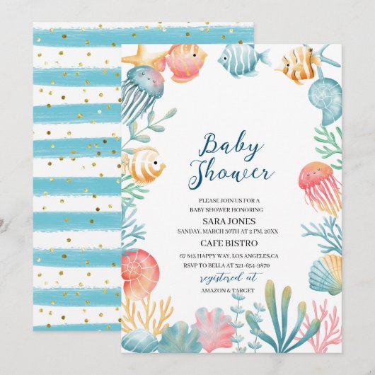 Onder de Zee Ocean Waterverf Baby shower Invi Kaart (Voorkant / Achterkant)