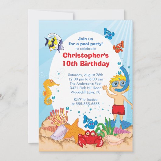 Onder de Zee Pool Party Birthday Invitation boy Kaart (Voorkant)