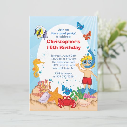 Onder de Zee Pool Party Birthday Invitation boy Kaart (Staand voorkant)