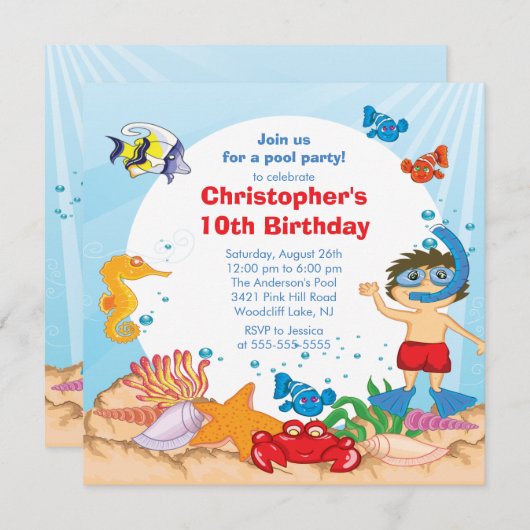 Onder de Zee Pool Party Birthday Invitation boy Kaart (Voorkant / Achterkant)