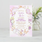 Onder de zee roze meisje eerste verjaardagsfeestje kaart (Staand voorkant)