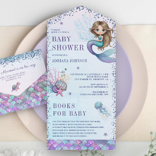 Onder de Zee Schattige Zeemeermin Baby Shower All In One Uitnodiging