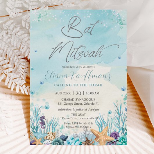 Onder de Zee Strand Schelpen Koralen Bat Mitzvah Kaart