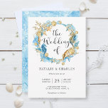 Onder de Zee Summer Wedding Invitation Kaart<br><div class="desc">Onder het Zee Blue Gold Summer Wedding Invitation met zeepaarden,  zeemleeuwen,  zeeschildpadden en koraalriffen. Klik op de button Aanpassen hierboven voor een geavanceerdere aanpassing van dit ontwerp. Overeenkomende objecten zijn ook beschikbaar.</div>