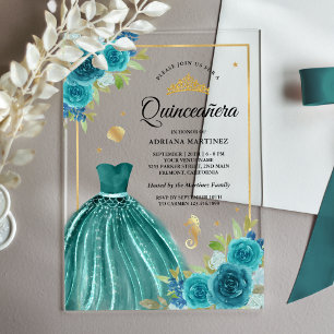 Onder de Zee Teal Jurk Zeemeermin Goud Quinceanera Acryl Uitnodigingen