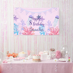 Onder de Zee Verjaardagsbanner Roze en Paars Spandoek