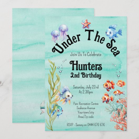 Onder de Zee verjaardagsfeestuitnodiging Kaart (Voorkant / Achterkant)