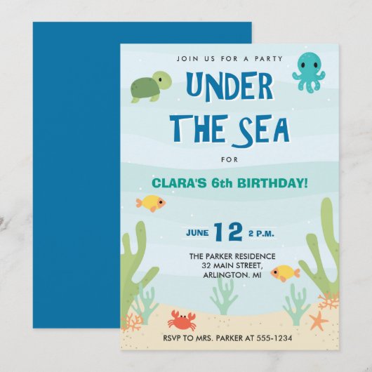 Onder de Zee verjaardagsfeestuitnodiging Kaart (Voorkant / Achterkant)