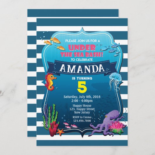 Onder de Zee verjaardagsuitnodiging Kaart (Voorkant / Achterkant)