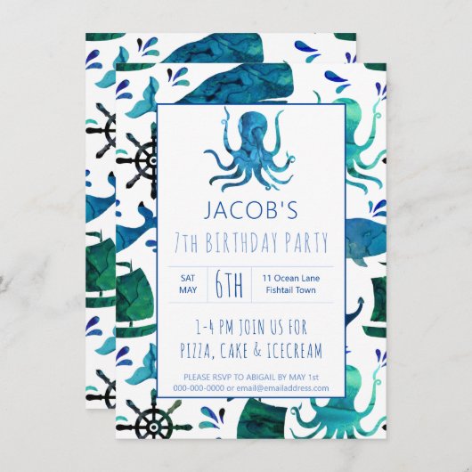 Onder de Zee Waterverf Kinder Octopus Birthday (Voorkant / Achterkant)