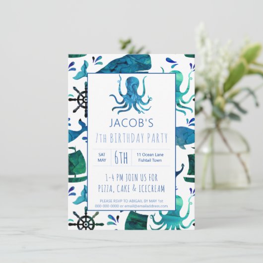 Onder de Zee Waterverf Kinder Octopus Birthday (Staand voorkant)