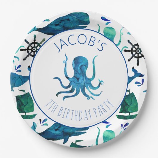 Onder de Zee Waterverf Ocean Octopus Birthday Papieren Bordje (Voorkant)
