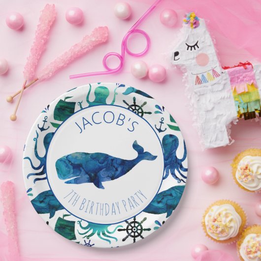 Onder de Zee Waterverf Ocean Whale Birthday Papieren Bordje (Feest)