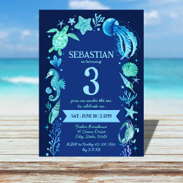 Onder De Zee Waterverf Oceandieren Marineblauw Kaart