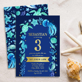 Onder de zee waterverf zeeleven marineblauw folie uitnodiging