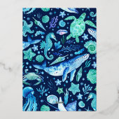 Onder de zee waterverf zeeleven marineblauw folie uitnodiging (Achterkant)