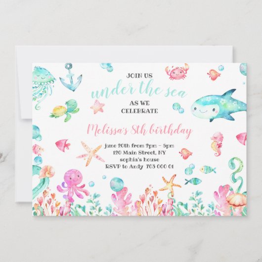 Onder de Zee Waterverf Zomer-meisje Kaart (Voorkant)