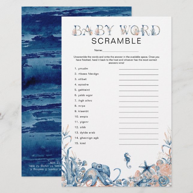 'Onder de zee' Woordzoekspel Baby Shower  (Voorkant / Achterkant)