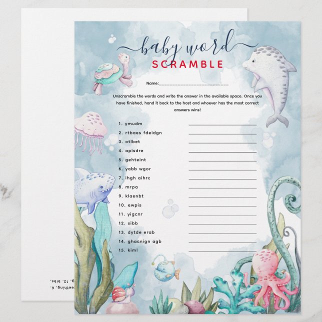 Onder de Zee 'Word Scramble'-Baby shower (Voorkant / Achterkant)