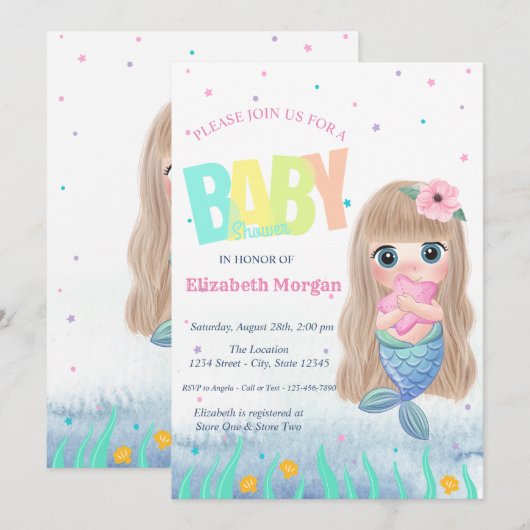 Onder De Zee, Zeemeermin Schelp Baby Shower Kaart (Voorkant / Achterkant)