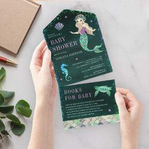 Onder de Zee Zeemeermin Smaragdgroene Baby Shower All In One Uitnodiging