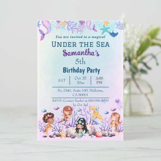 Onder de zee zeemeermin thema blauwe 5e verjaardag kaart (Staand voorkant)